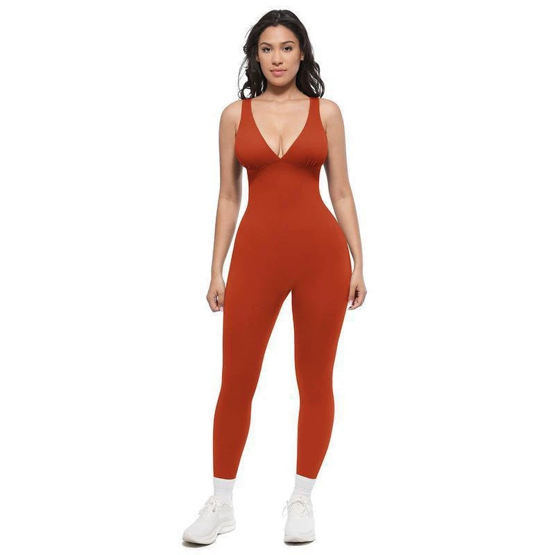 Solid color fitness sleeveless V-neck abdominal slimming exercise yoga jumpsuit pants for women