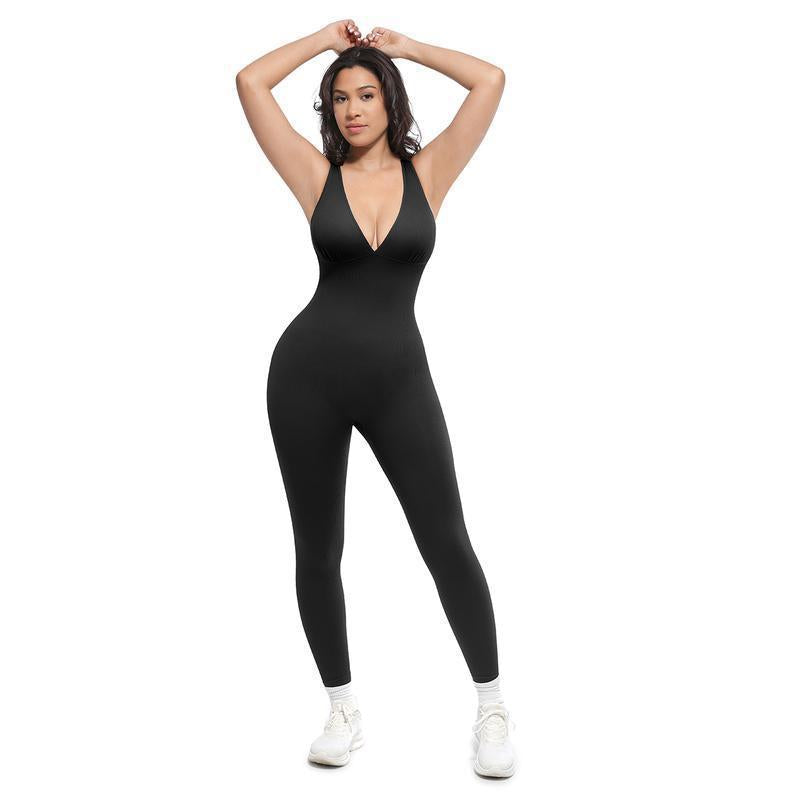 Solid color fitness sleeveless V-neck abdominal slimming exercise yoga jumpsuit pants for women
