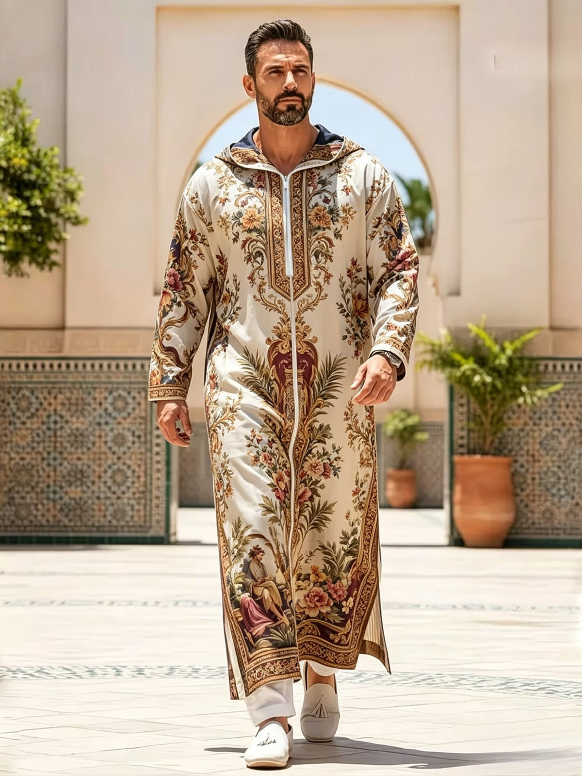 Summer traditional long robe hooded loose daily digital printed long robe