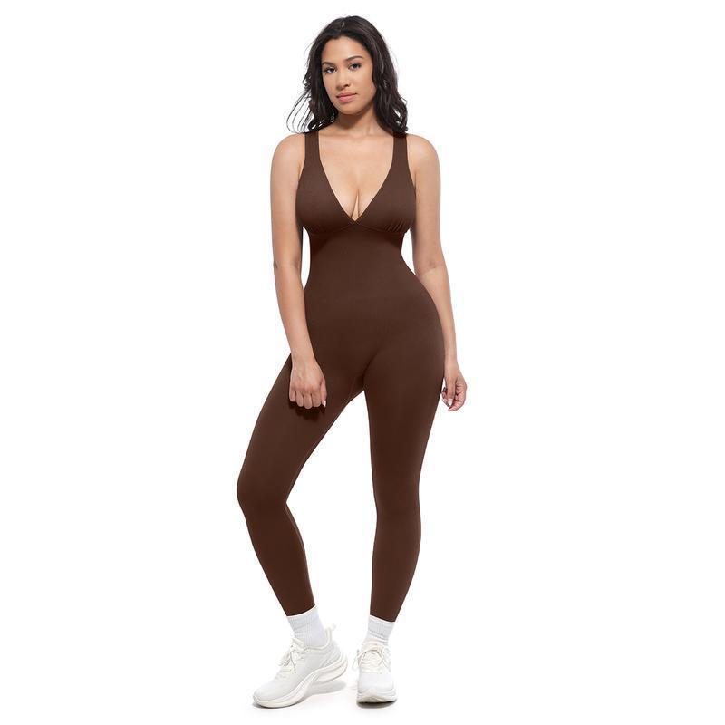 Solid color fitness sleeveless V-neck abdominal slimming exercise yoga jumpsuit pants for women