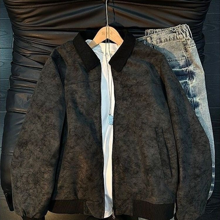 Style Tie-Dye PU Leather Jacket with Turn-Down Collar