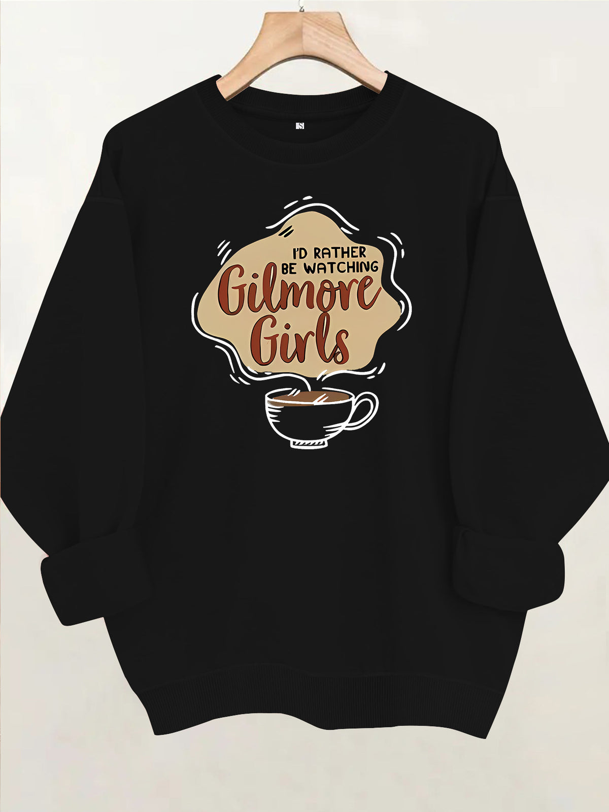 Letter and coffee cup print loose women's fleece hoodie