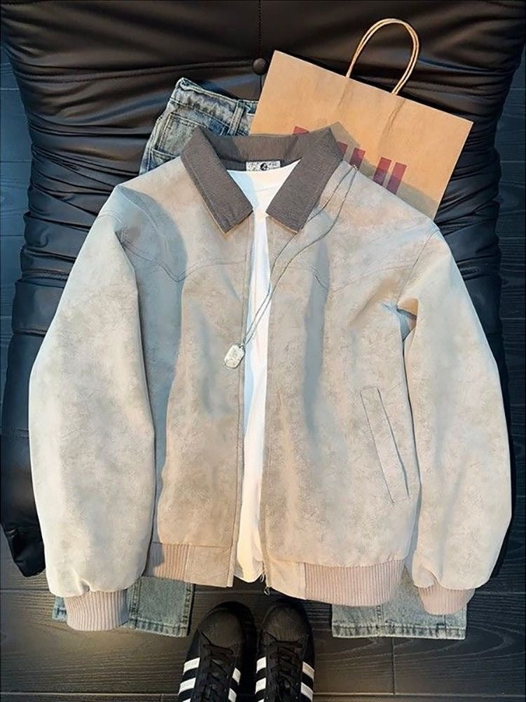 Style Tie-Dye PU Leather Jacket with Turn-Down Collar