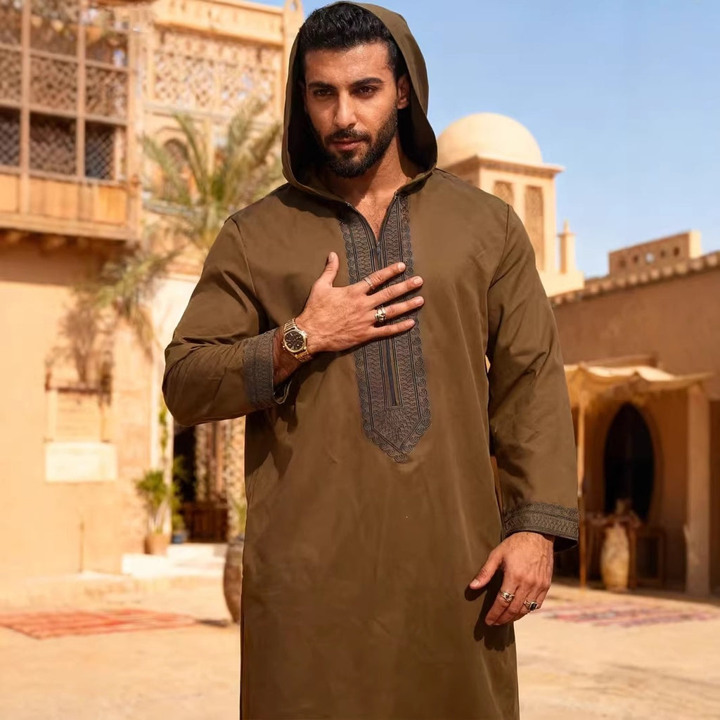 Embroidered men's casual youth brown robe
