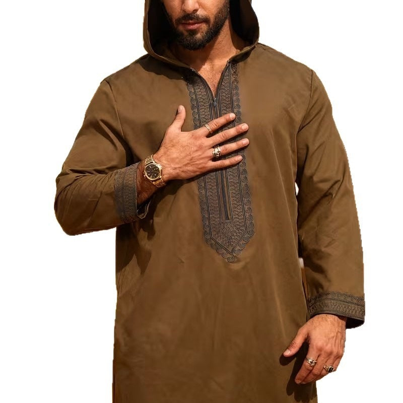 Embroidered men's casual youth brown robe