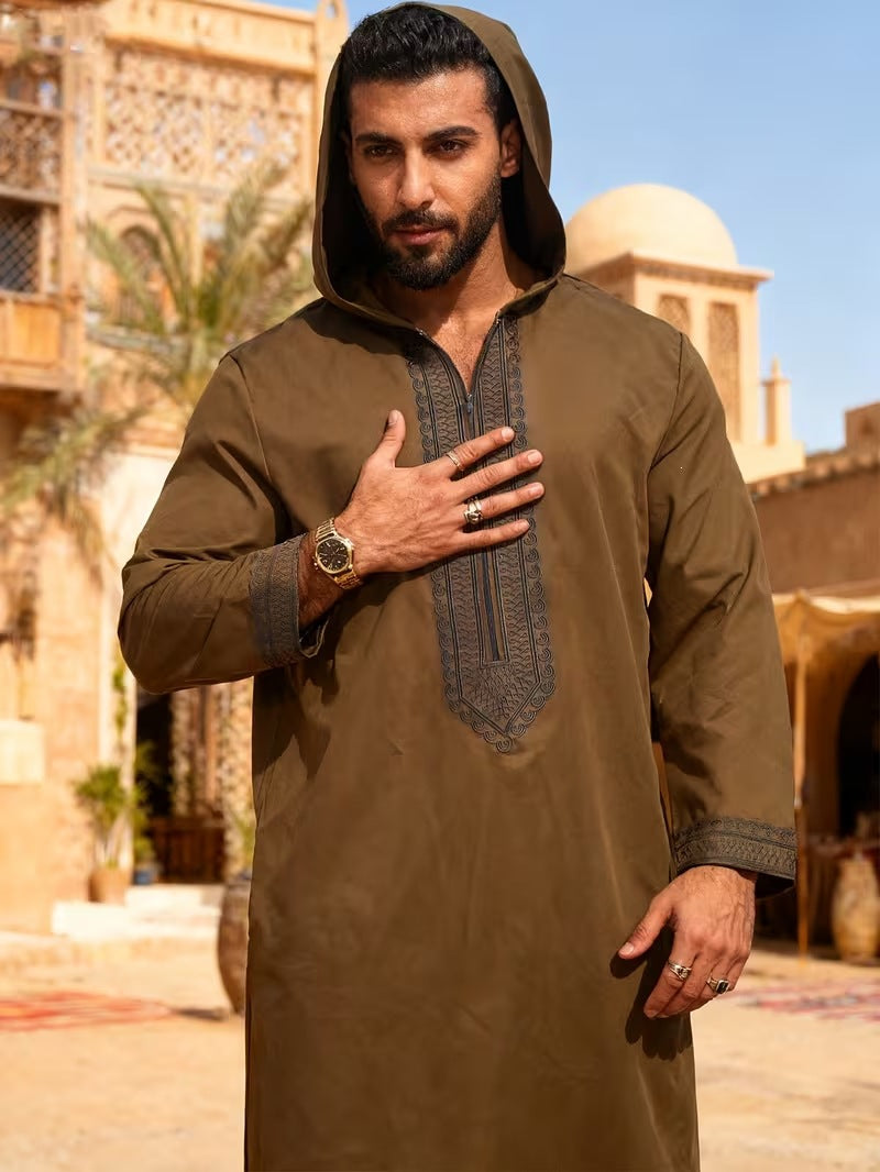 Embroidered men's casual youth brown robe