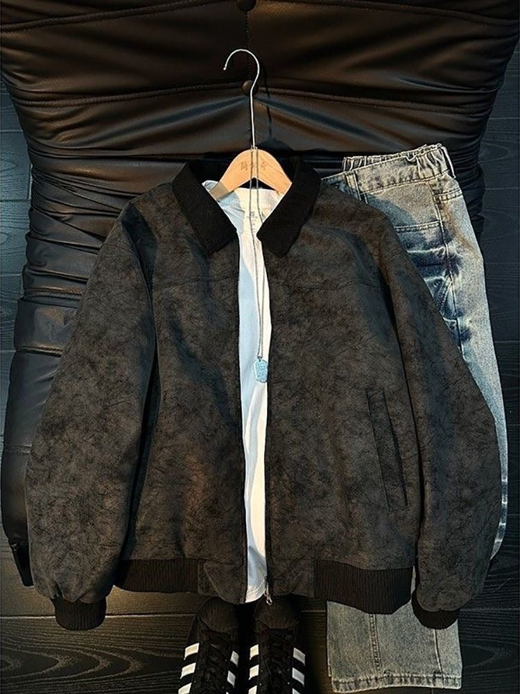 Style Tie-Dye PU Leather Jacket with Turn-Down Collar